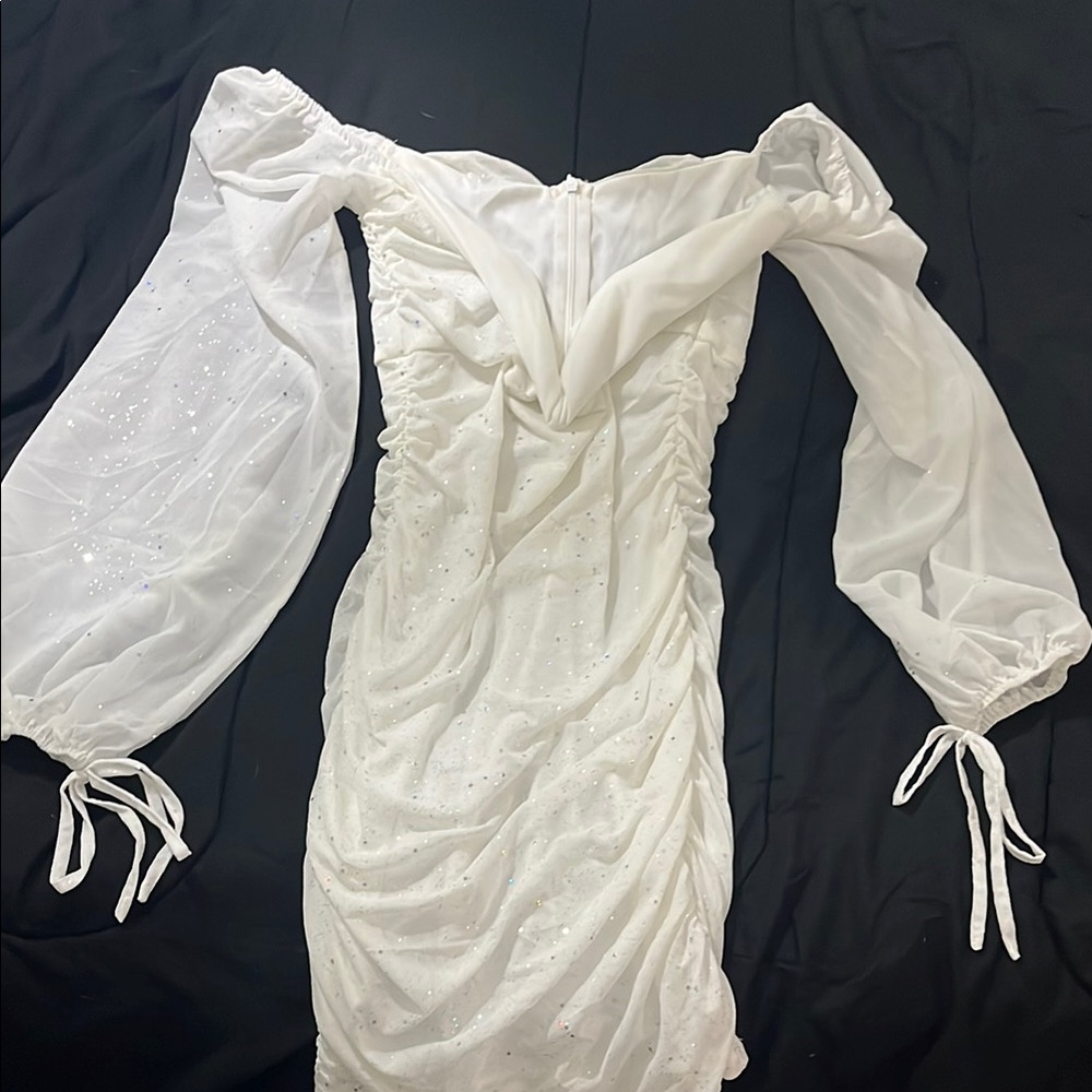 Cream Off-Shoulder Bishop Sleeve Bodycon Dress